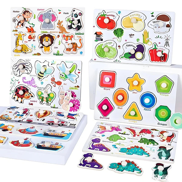 A set of wooden alphabet and number peg puzzles featuring various animals and shapes for toddlers.