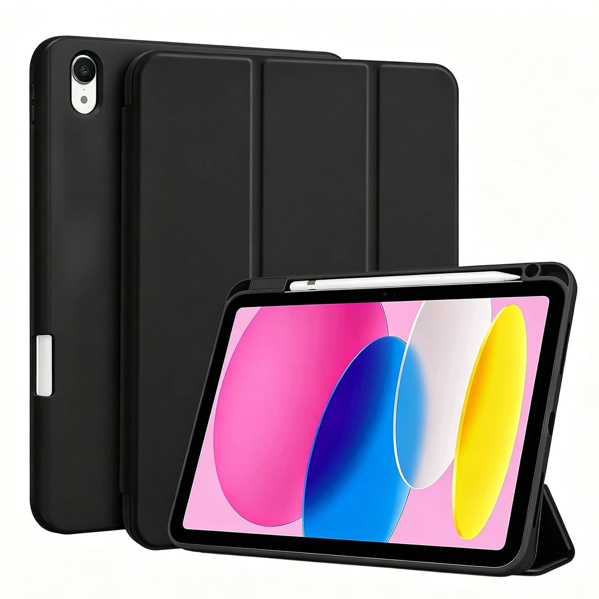 A black magnetic flip tablet case with a built-in pencil holder is shown next to the tablet it protects.