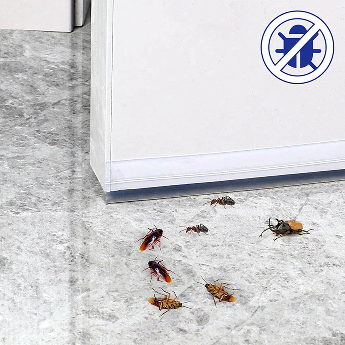 A close-up view of a flexible weather seal strip product with several small insects scattered on the surface.
