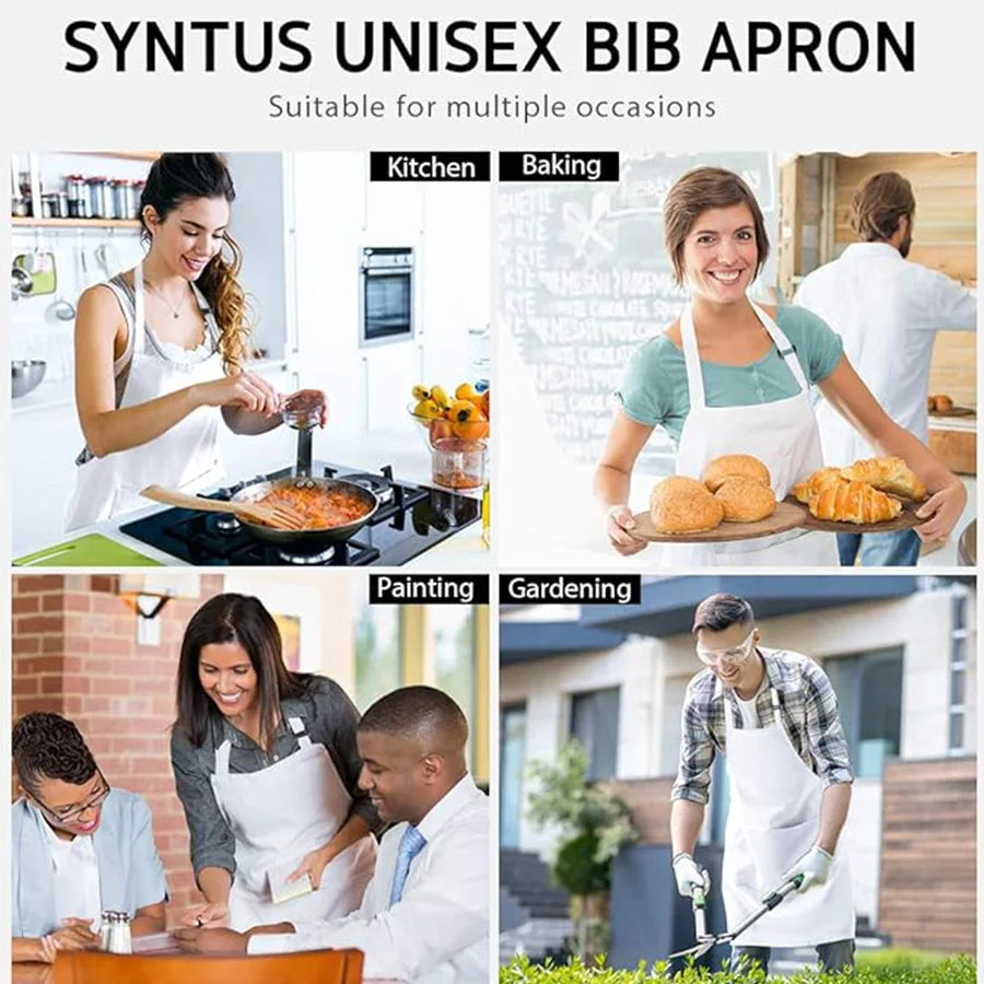 A set of two solid color unisex bib aprons shown in various contexts like kitchen, baking, painting, and gardening.