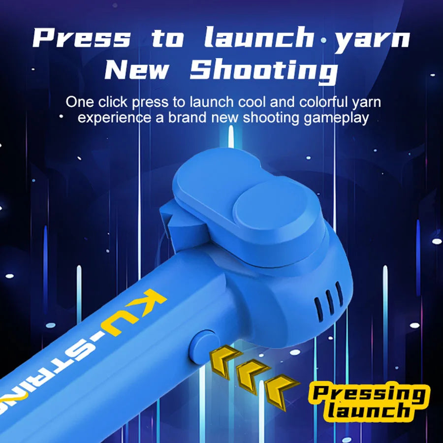 A blue string launcher toy with a pressing launch button is shown against a dark background.