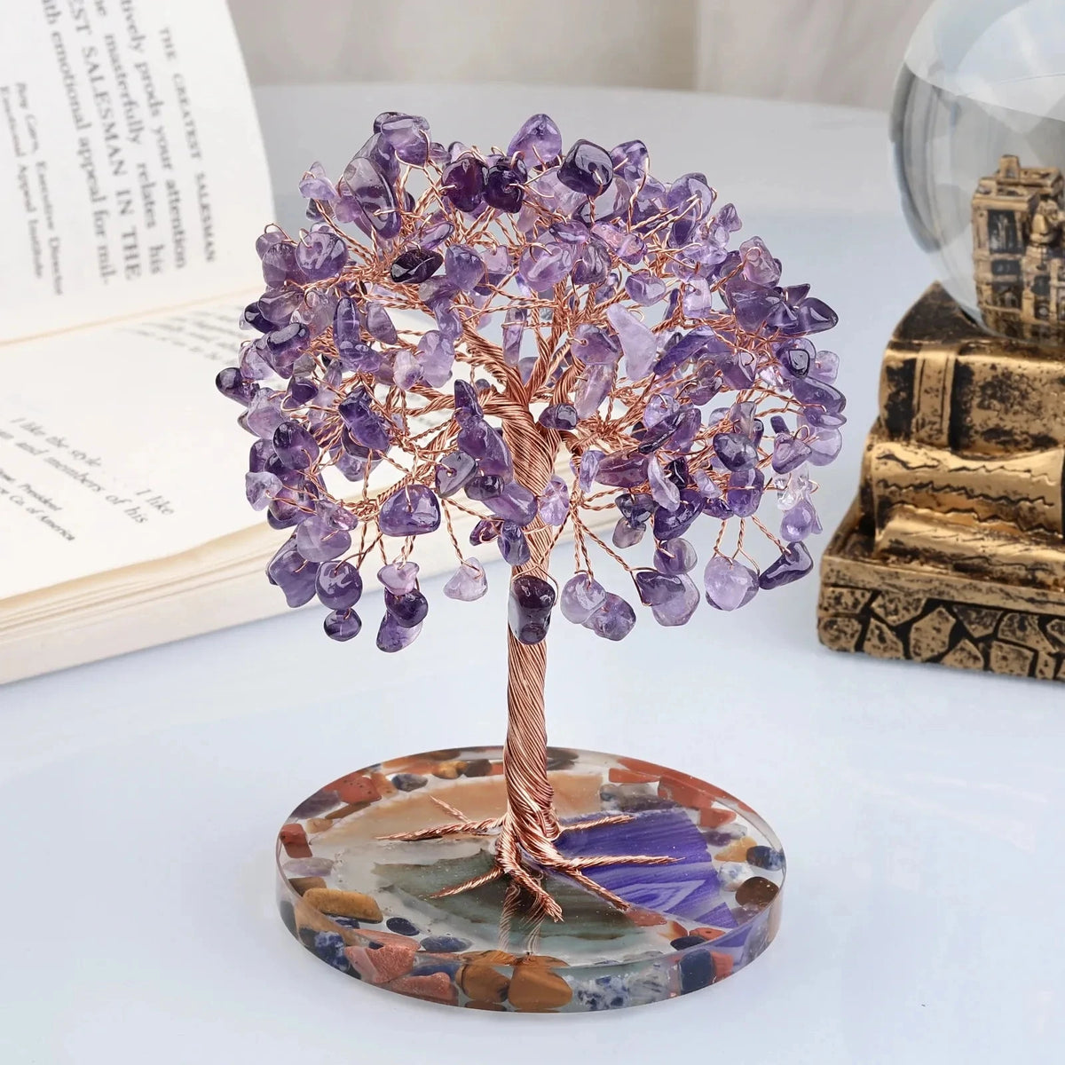 Amethyst Crystal Tree of Life on Natural Agate Slice Base