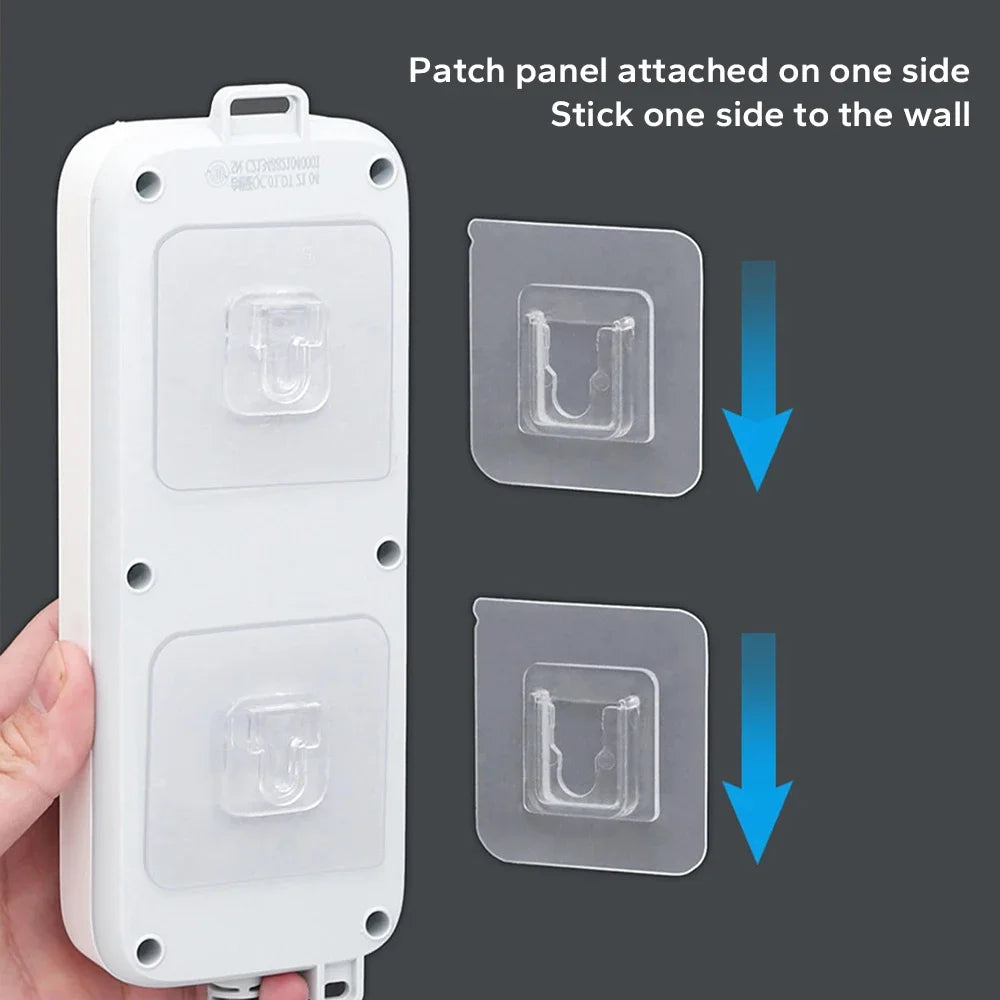 Two white patch panels with clear adhesive hooks shown, demonstrating how to stick the panel onto a wall.