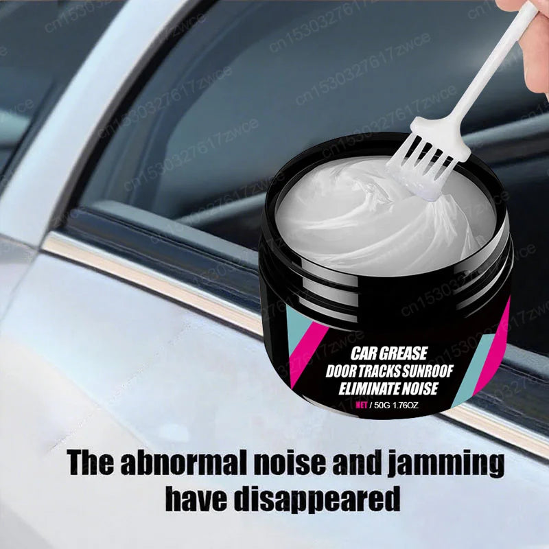 A white silicone spatula is shown scooping a white grease from a black jar, used to eliminate noise in car sunroof tracks.