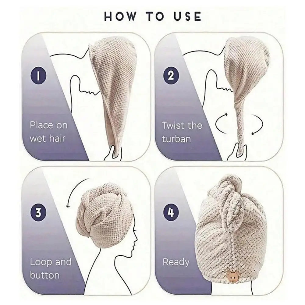 Instructions for using a microfiber hair drying towel wrap with a button, showing steps to place, twist, loop, and secure the