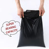 Hands holding a black self-seal poly mailer bag with a speech bubble indicating super bearing capacity.