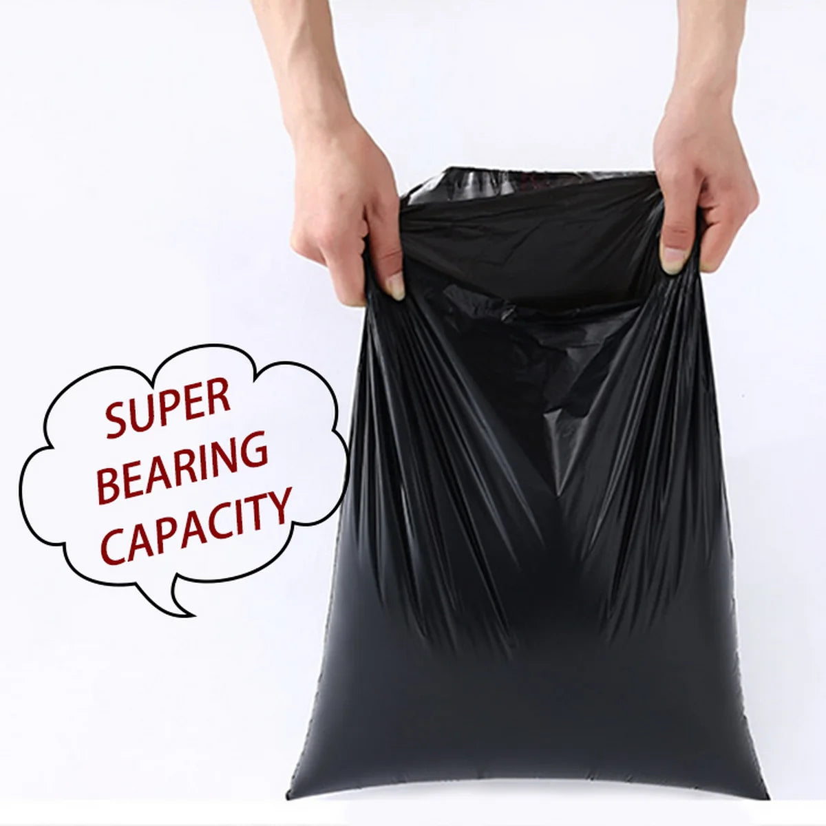 Hands holding a black self-seal poly mailer bag with a speech bubble indicating super bearing capacity.