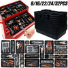 A set of modular drawer organizer trays with interlocking dividers in black and red, showing various tools and implements.