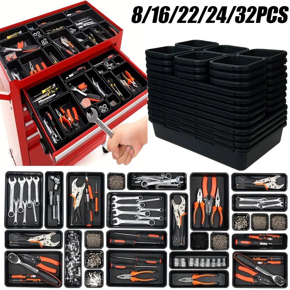 A set of modular drawer organizer trays with interlocking dividers in black and red, showing various tools and implements.