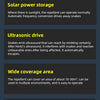 Information sheet detailing four characteristics of a solar ultrasonic repellent including power storage, drive mechanism, co
