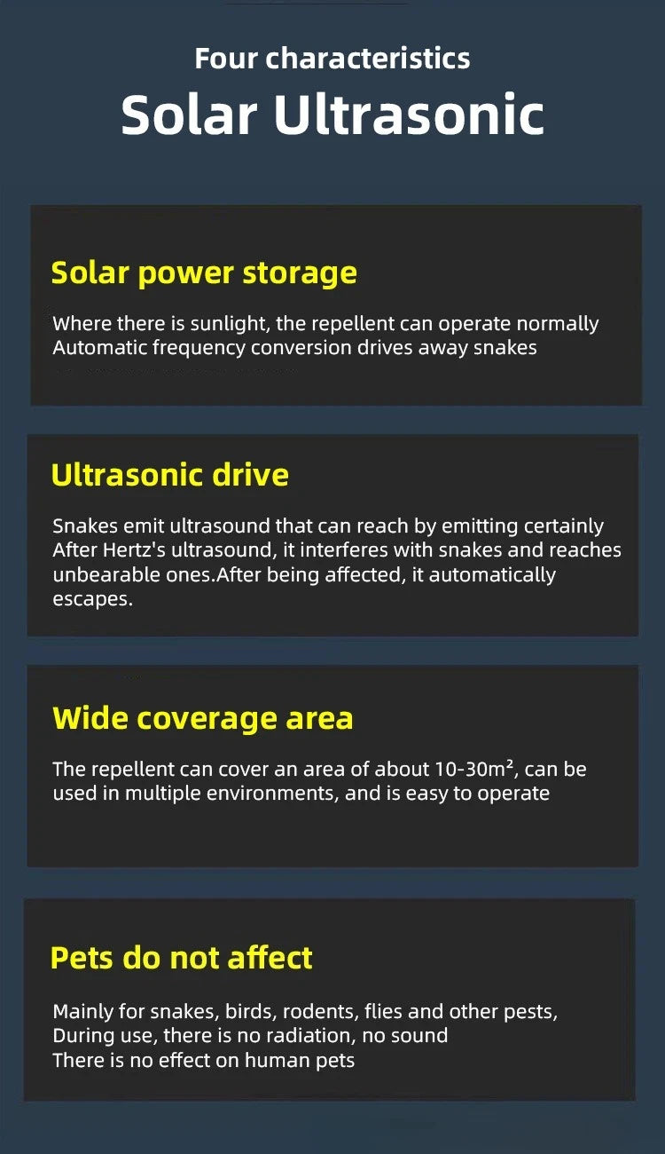Information sheet detailing four characteristics of a solar ultrasonic repellent including power storage, drive mechanism, co