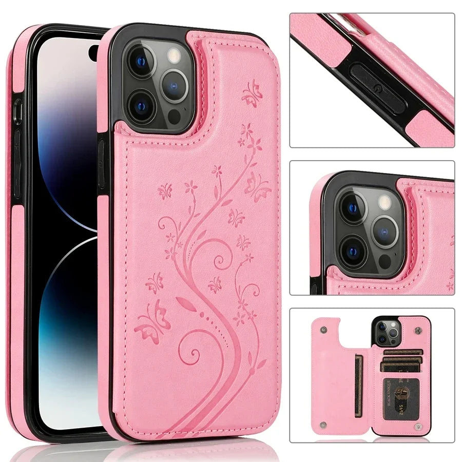 Butterfly Embossed Leather Wallet Case with Magnetic Flip Closure