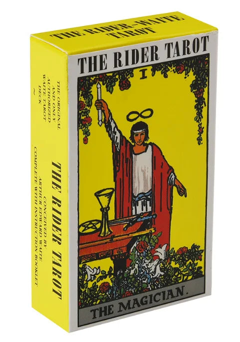 A yellow box for The Rider-Waite Tarot deck titled The Magician.