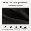 Close-up of a black ultra soft short pile fabric showing texture and features like no shedding, no fading, sweat-absorbing, a