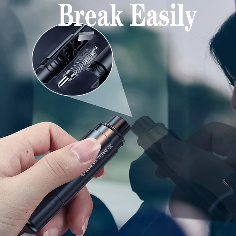 A hand is shown using an emergency window breaker and seatbelt cutter tool to break glass or cut restraints.