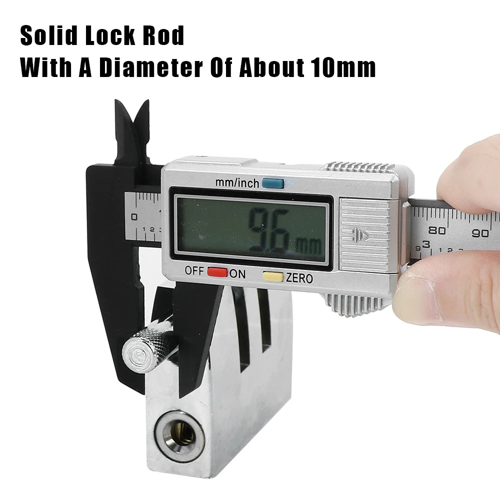 A silver digital lock rod measuring 96 mm is shown with a hand for scale comparison.