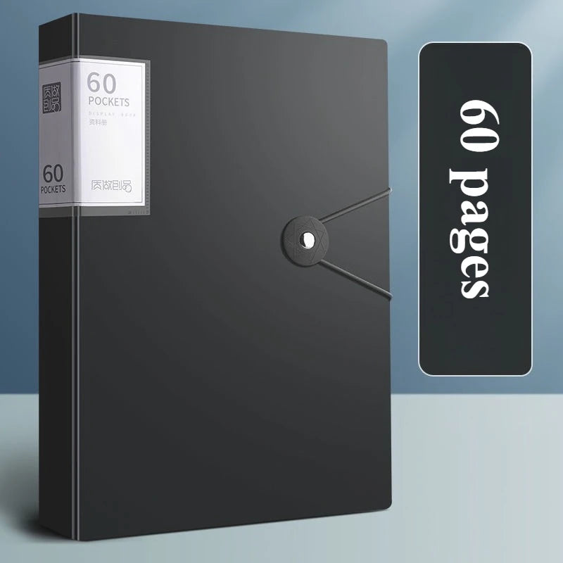 A black A4 expanding file organizer with a clear pocket divider visible on the front cover.
