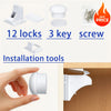A set of magnetic child safety cabinet locks, installation tools, and a white cabinet lock component are shown.