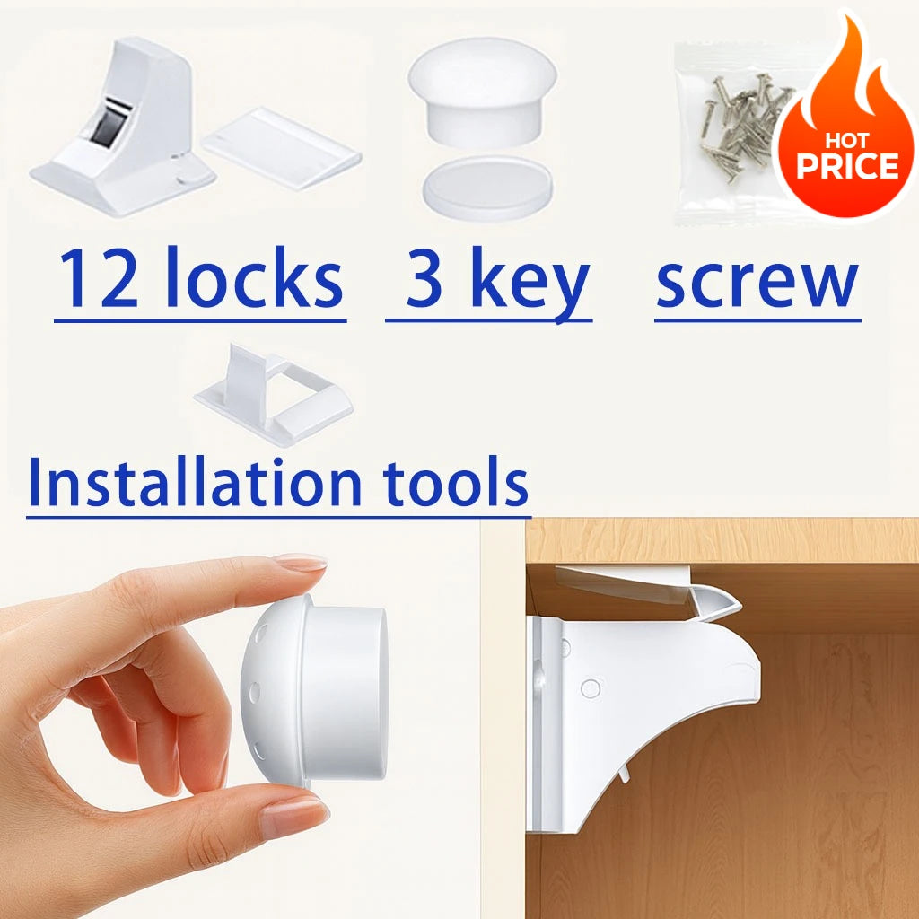 A set of magnetic child safety cabinet locks, installation tools, and a white cabinet lock component are shown.
