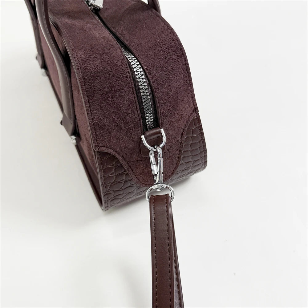 Vintage Croc-Embossed Mini Boston Bag with Dual Straps
