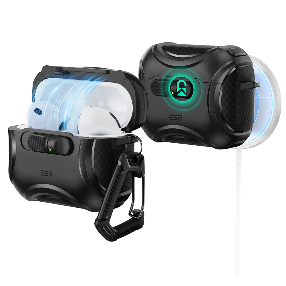 Black ESR AirPods Pro 3 case with a secure magnetic lock and drop protection feature.