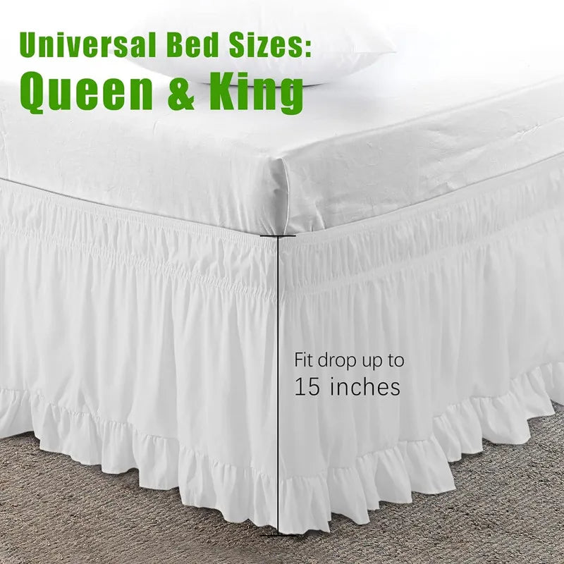 White ruffled elastic bed skirt designed for Queen and King sized beds