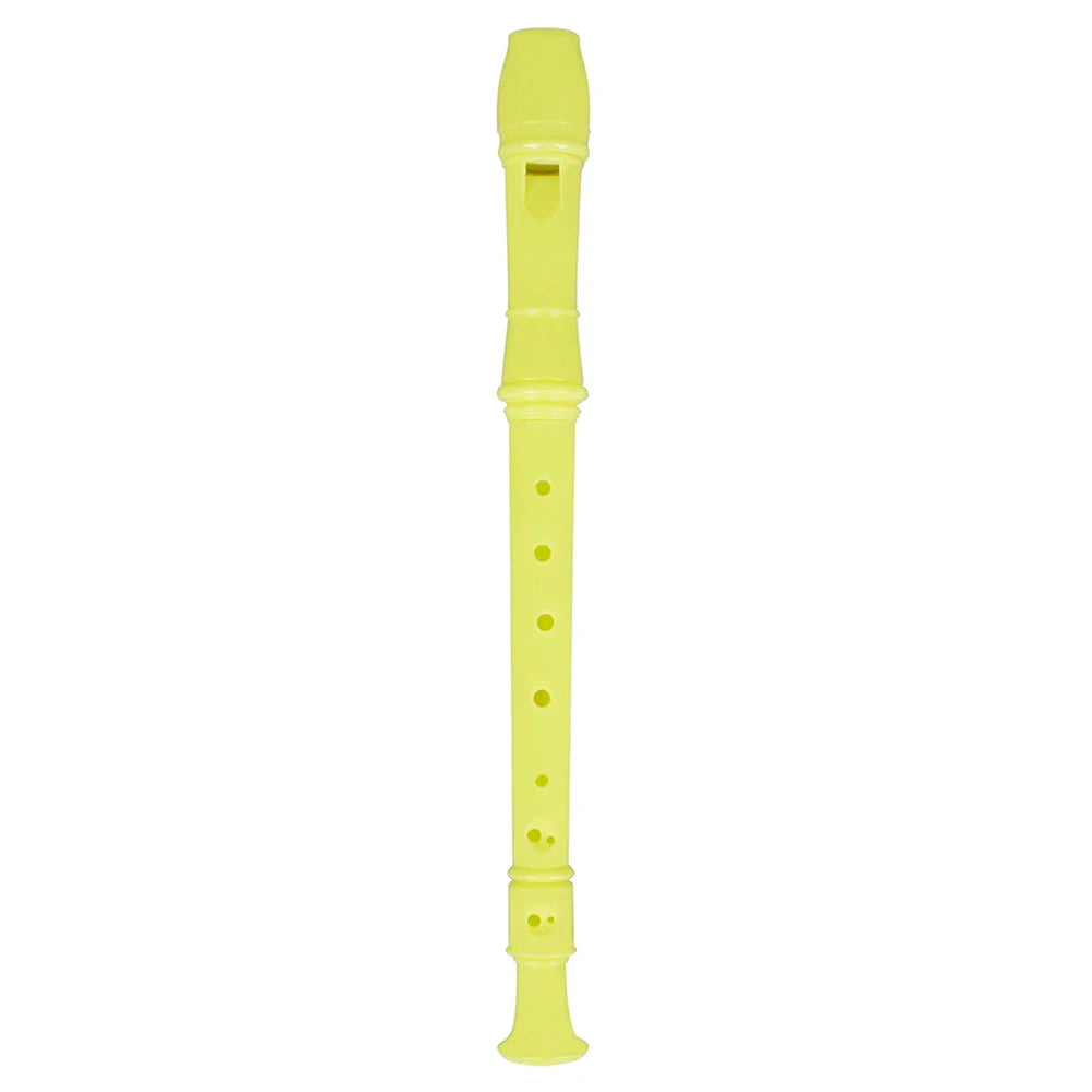 A yellow 8-hole soprano recorder with a cleaning rod.