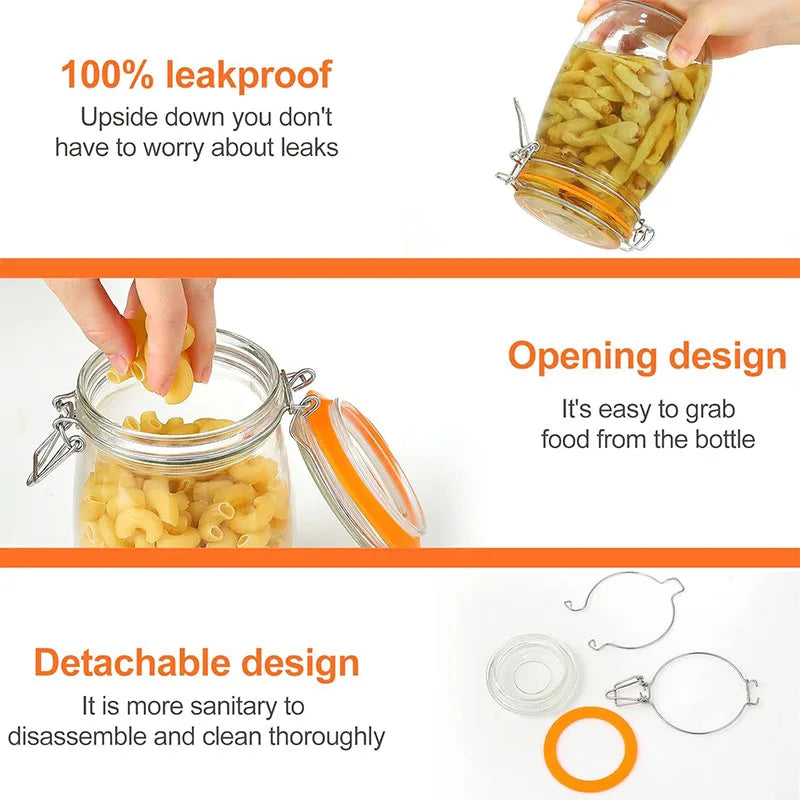 A glass mason jar with an airtight lid demonstrating leakproof, opening, and detachable designs for food storage.