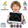 A young boy holds a digital drawing tablet with a stylus pen, demonstrating various skills like drawing, spelling, and counti