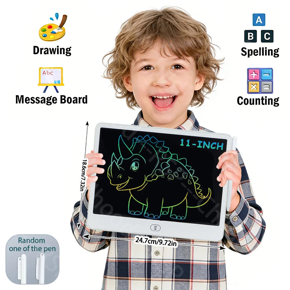 A young boy holds a digital drawing tablet with a stylus pen, demonstrating various skills like drawing, spelling, and counti