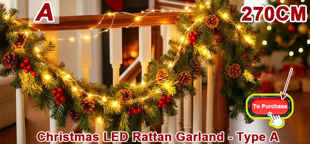 Christmas LED Rattan Garland Type A featuring warm lights and pine greenery draped on a wooden railing.