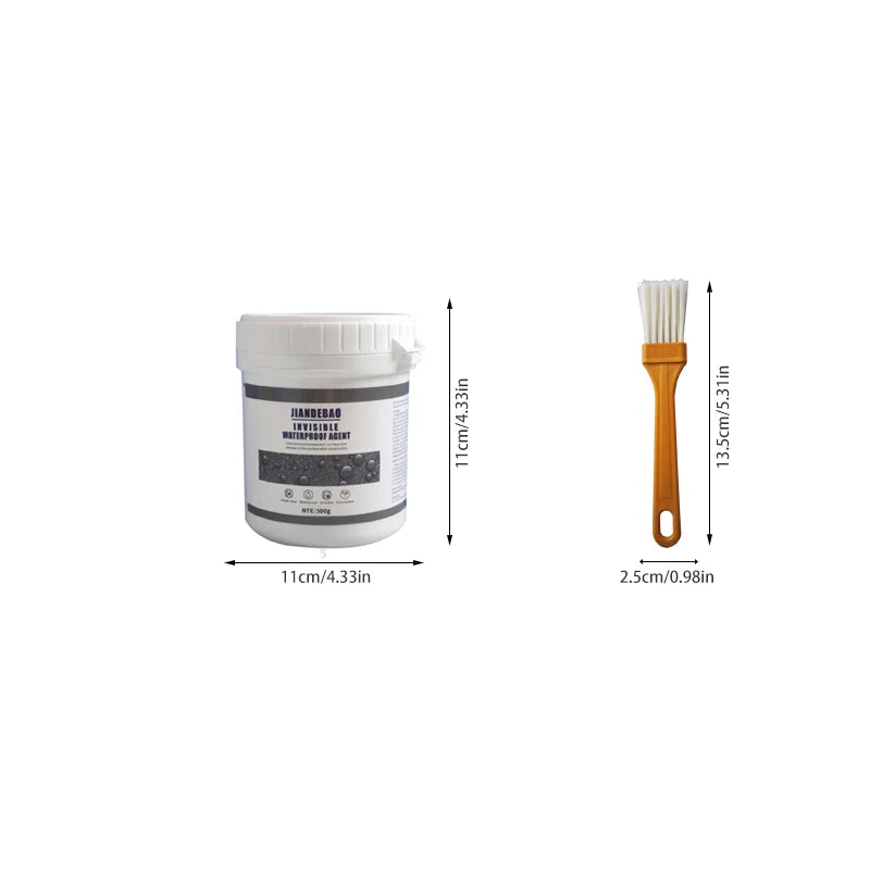 A white plastic container of invisible transparent waterproof sealing coating for tiles and fixtures with a wooden applicator