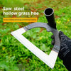 A hand holding a saw steel hollow grass hoe with a metal blade in a grassy outdoor setting.