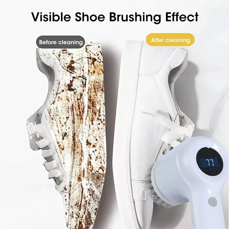 Comparison of shoe cleaning before and after using a cordless electric spin scrubber