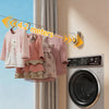A pink clothesline is shown hanging on a window, demonstrating its 4.2 meter retractable length.
