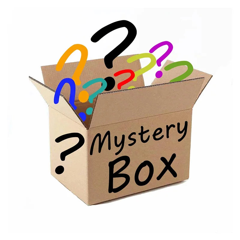 A cardboard box labeled Mystery Box with several question mark shaped dice sticking out.