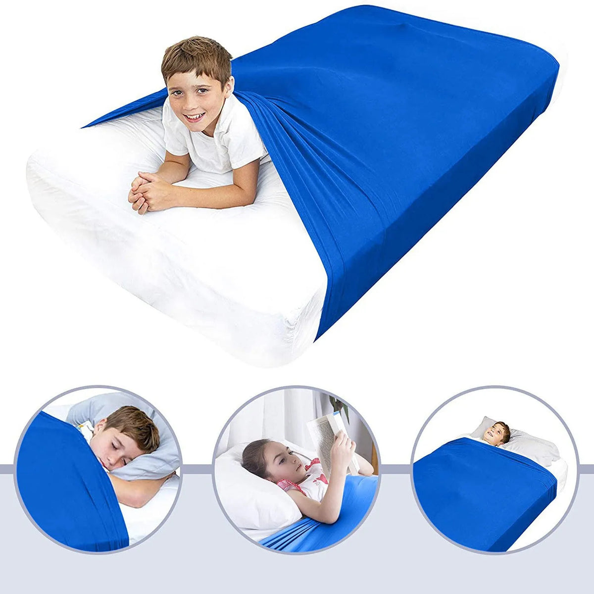 A young boy is lying on a white bed sheet that is draped with bright blue, breathable stretchy fabric.