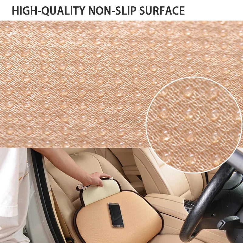 Close-up of a tan plush car seat cover protecting the front seat, highlighting a high-quality non-slip surface.