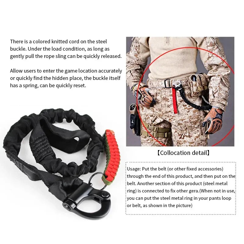 A black quick-release tactical rifle sling with an orange grip and metal ring is shown next to a person wearing camouflage cl