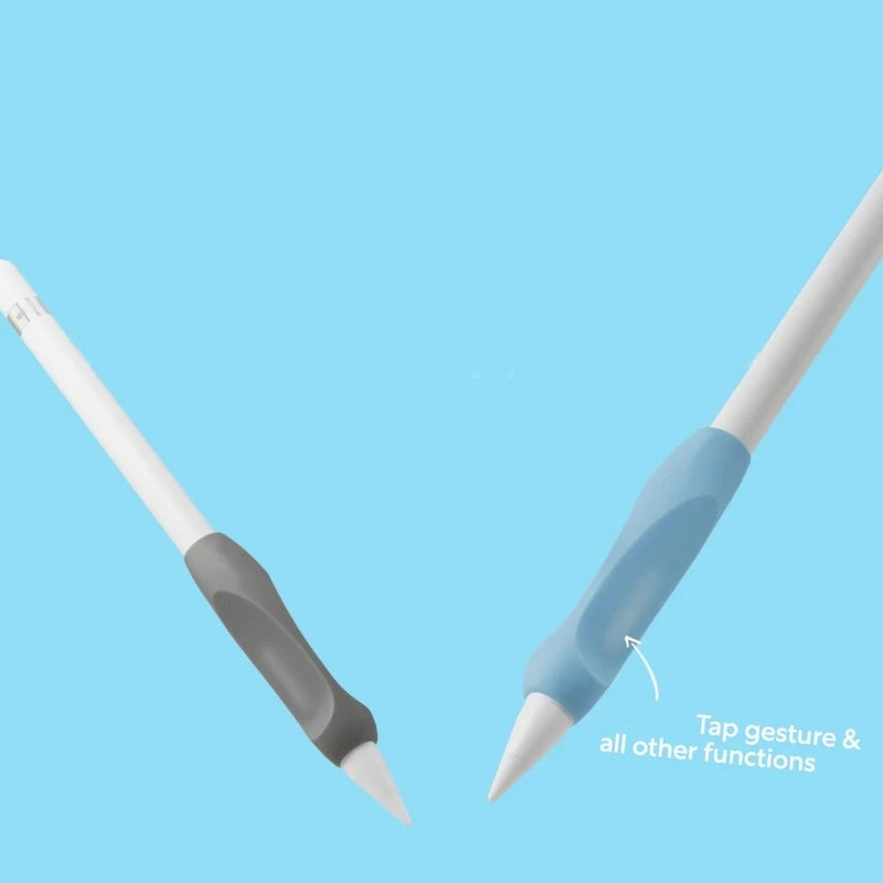 A white and blue silicone pen grip sleeve showing a tap gesture for digital pens.