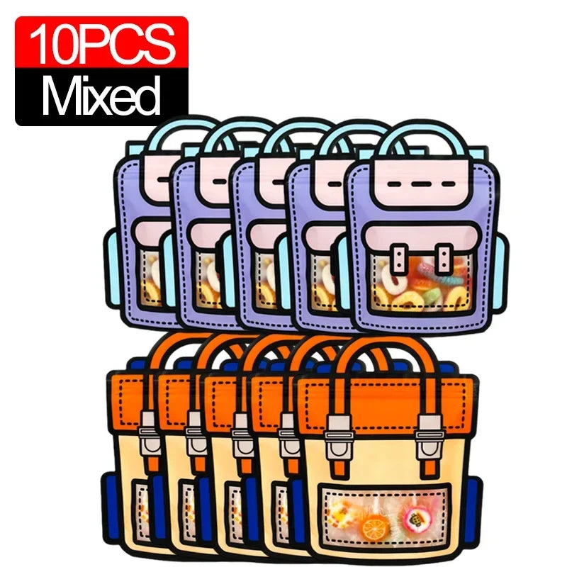 A set of 10 mixed cute cartoon backpack goodie bags for kids party favors in various pastel colors