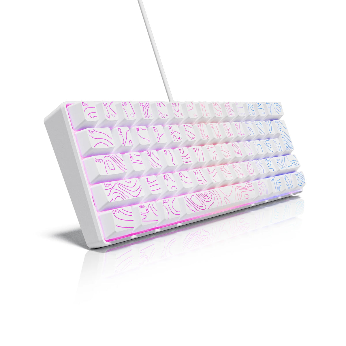 Un clavier compact filaire blanc avec éclairage RGB violet et bleu, vu sous un léger angle.