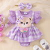 Baby Girl Plaid Romper Set with Bear Patch and Bow Headband