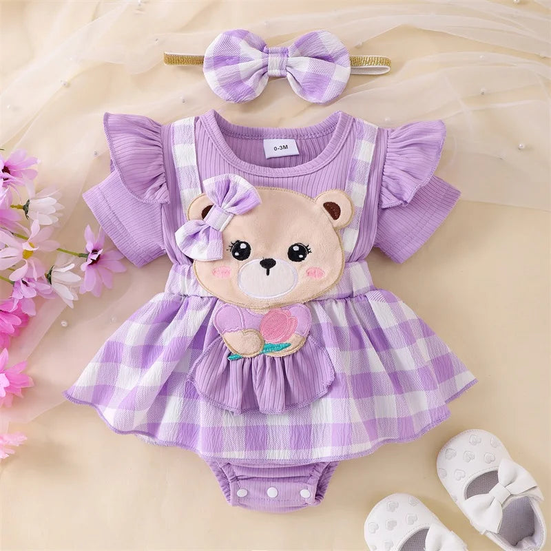 Baby Girl Plaid Romper Set with Bear Patch and Bow Headband