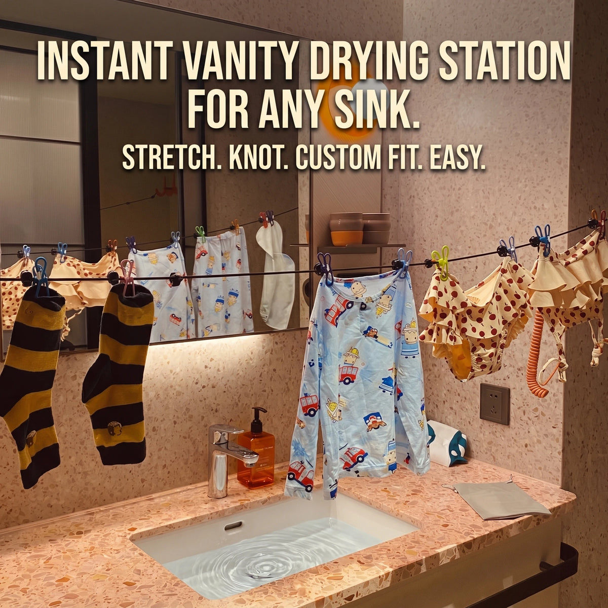 Instant vanity drying station for any sink featuring a retractable clothesline with 12 clothespins.