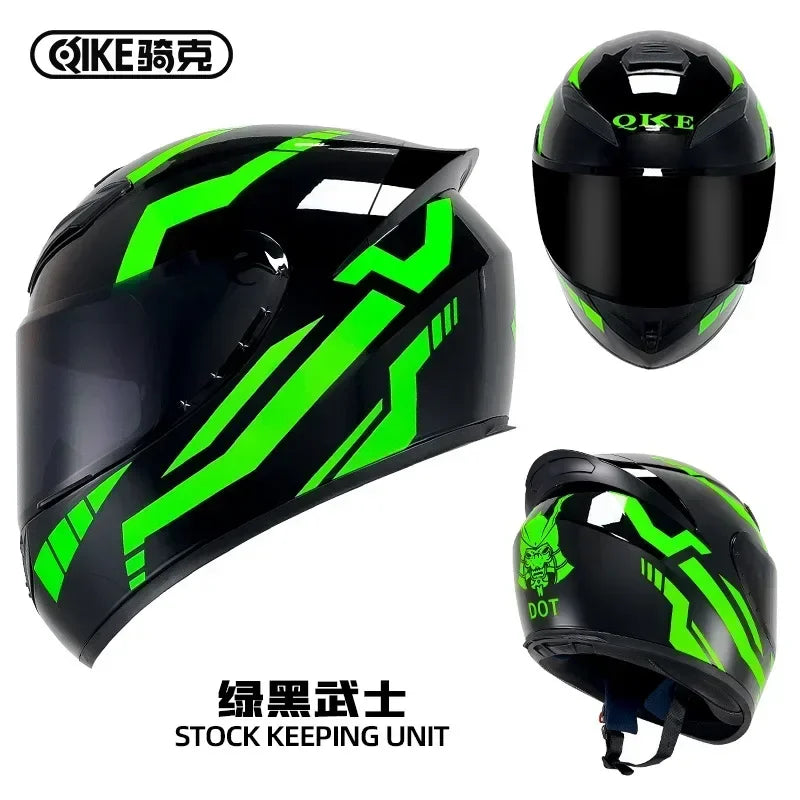 Black motorcycle helmet with neon green accents and a stock keeping unit