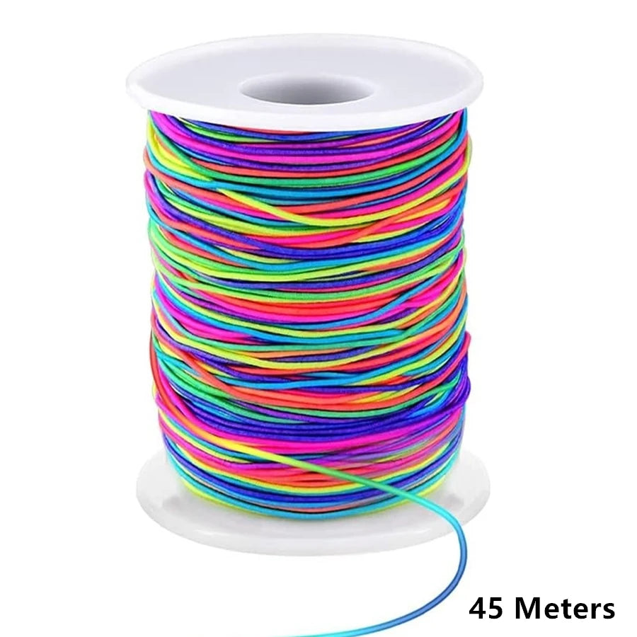 A spool of multicolored elastic stretchy cord for jewelry making, measuring 45 meters long.