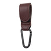 A brown PU leather stroller hook with a black loop for organizing baby bags.