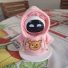 A pink hooded sweatshirt with a bear face design and black eyes, displayed on a white stand.