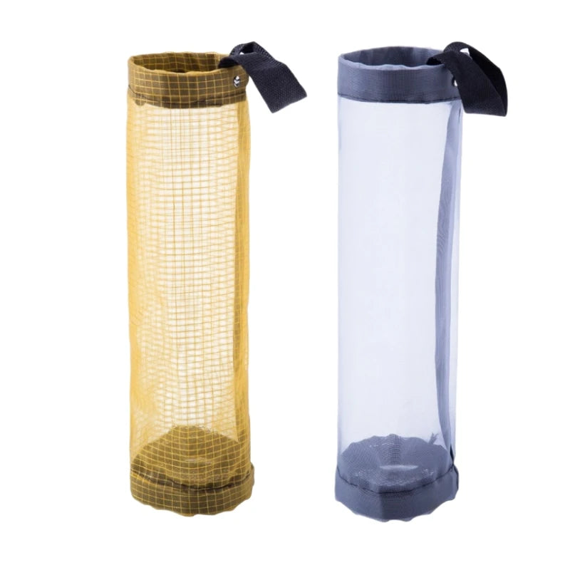 A wall-mounted mesh bag dispenser with a yellow fabric cover and a clear plastic bag holder.